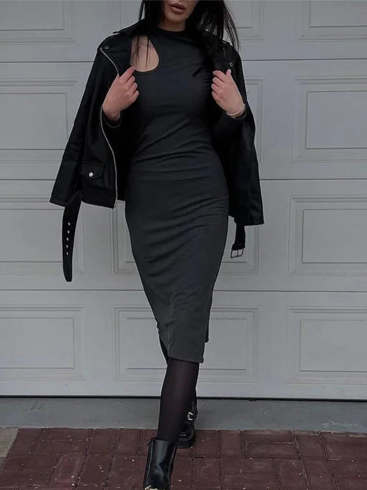 Sexy Cut Out  Elegant O-neck Long Solid Casual Midi Dresses Comfortable Ribbed Midi Dress