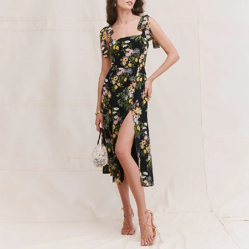 FashionSierra - Sexy Midi Dress Elegant Vintage Floral Print Chiffon Summer Boho Beach Dress Stylish Button-Down Midi Dress