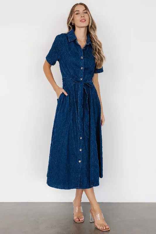 Sheryl Midi Dress | Denim Blue Elegant Velvet Midi Dress