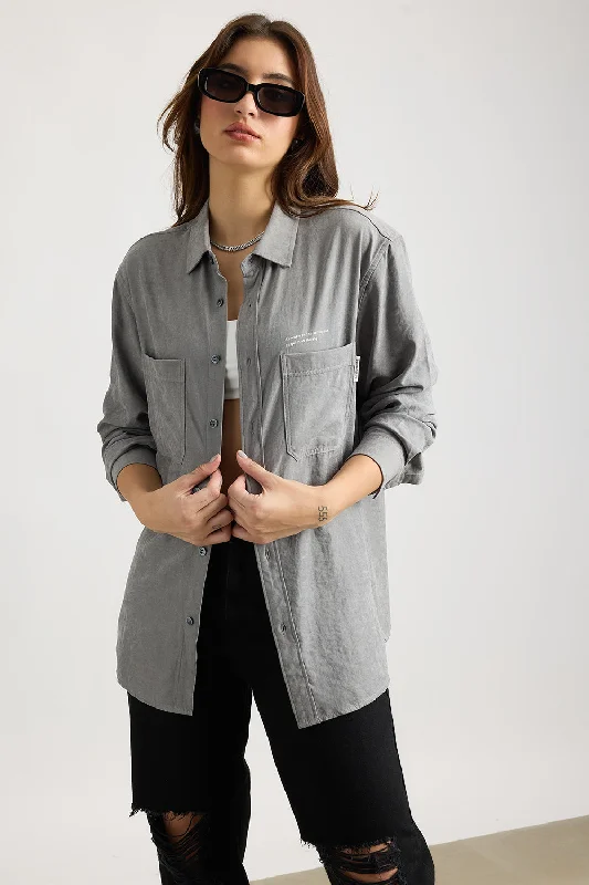 Faded Grey Effect Shirt Elegant High-Low Short Shirt