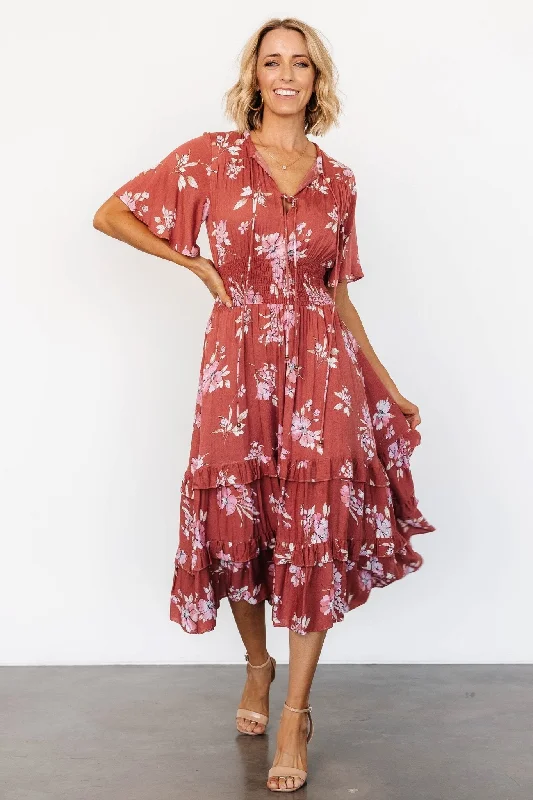 Spell Boho Midi Dress | Terracotta Floral Comfortable Draped Midi Dress