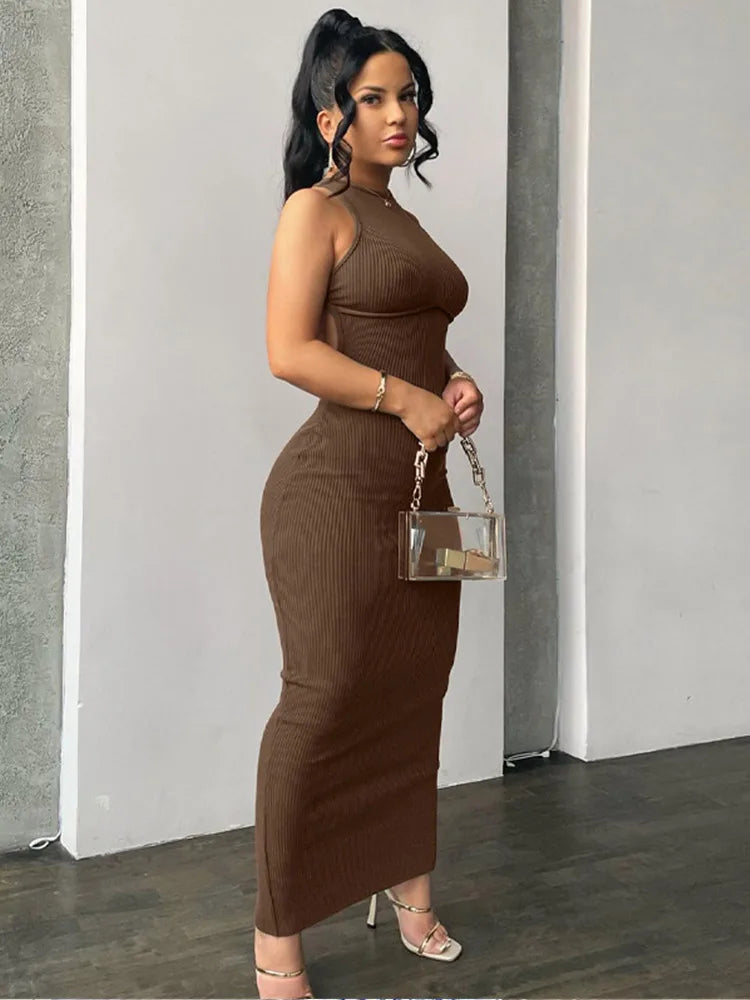 Spring Sexy Backless Elegant Evening Birthday Brown Long Midi Dresses Comfortable Sleeveless Midi Dress