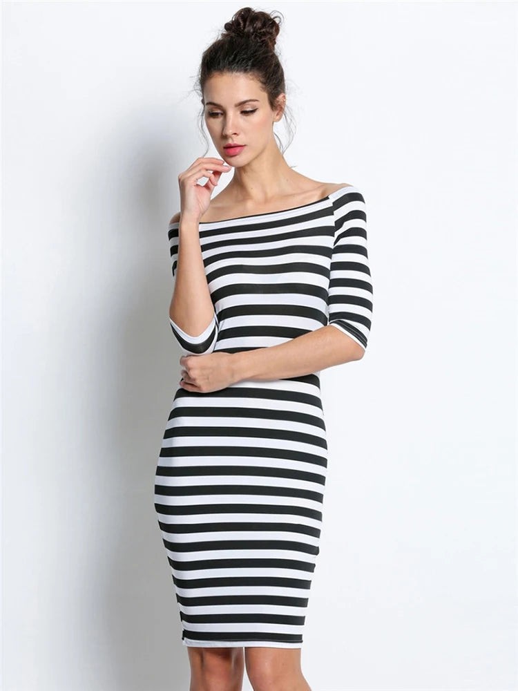 Spring Summer Woman Size Casual Stripe Off Shoulder Long Midi Dresses Trendy Square Neck Midi Dress