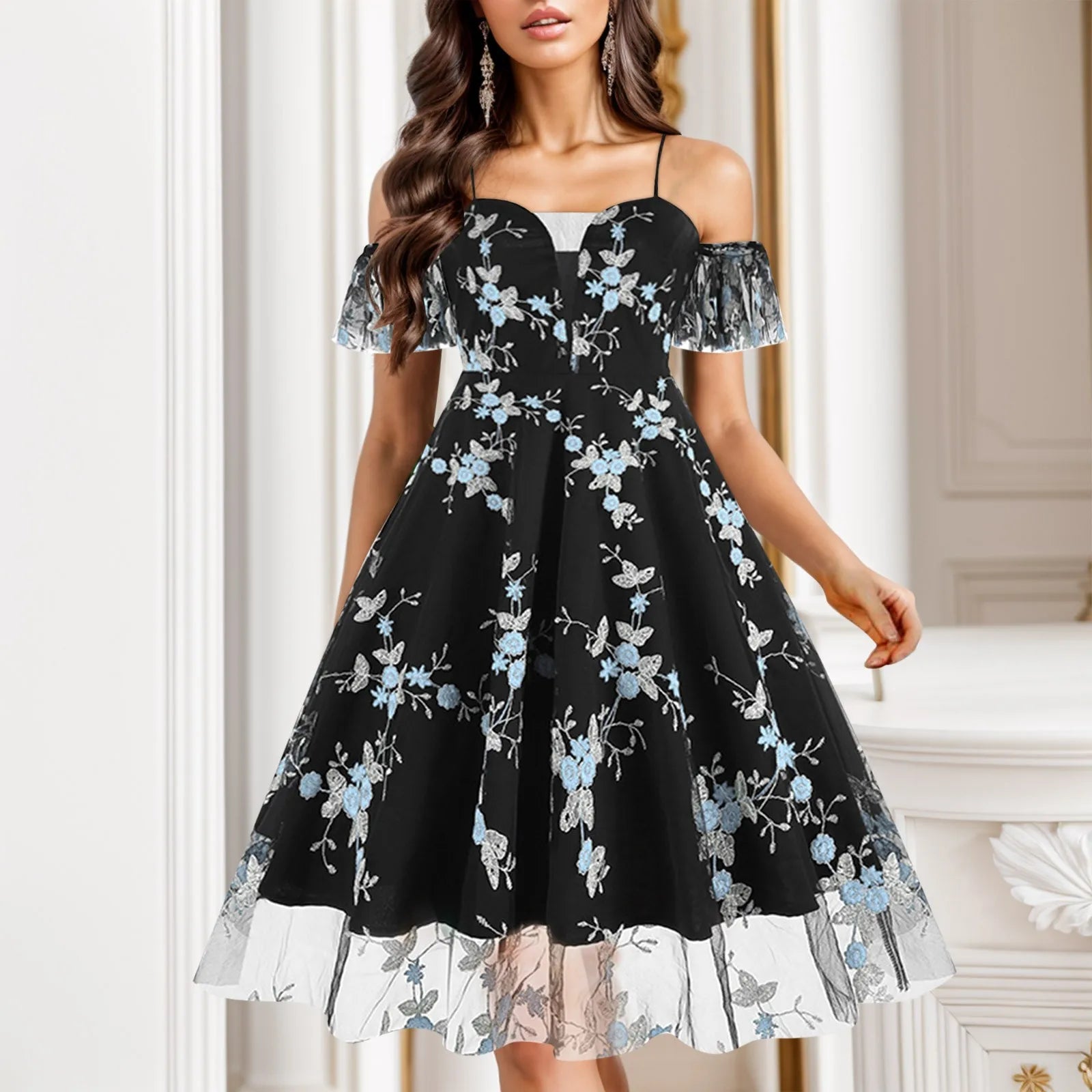 FashionSierra - Summer Floral Embroidery Mesh Patchwork Off Shoulder Spaghetti Strap A-Line Midi Dress Elegant Lace Trim Midi Dress