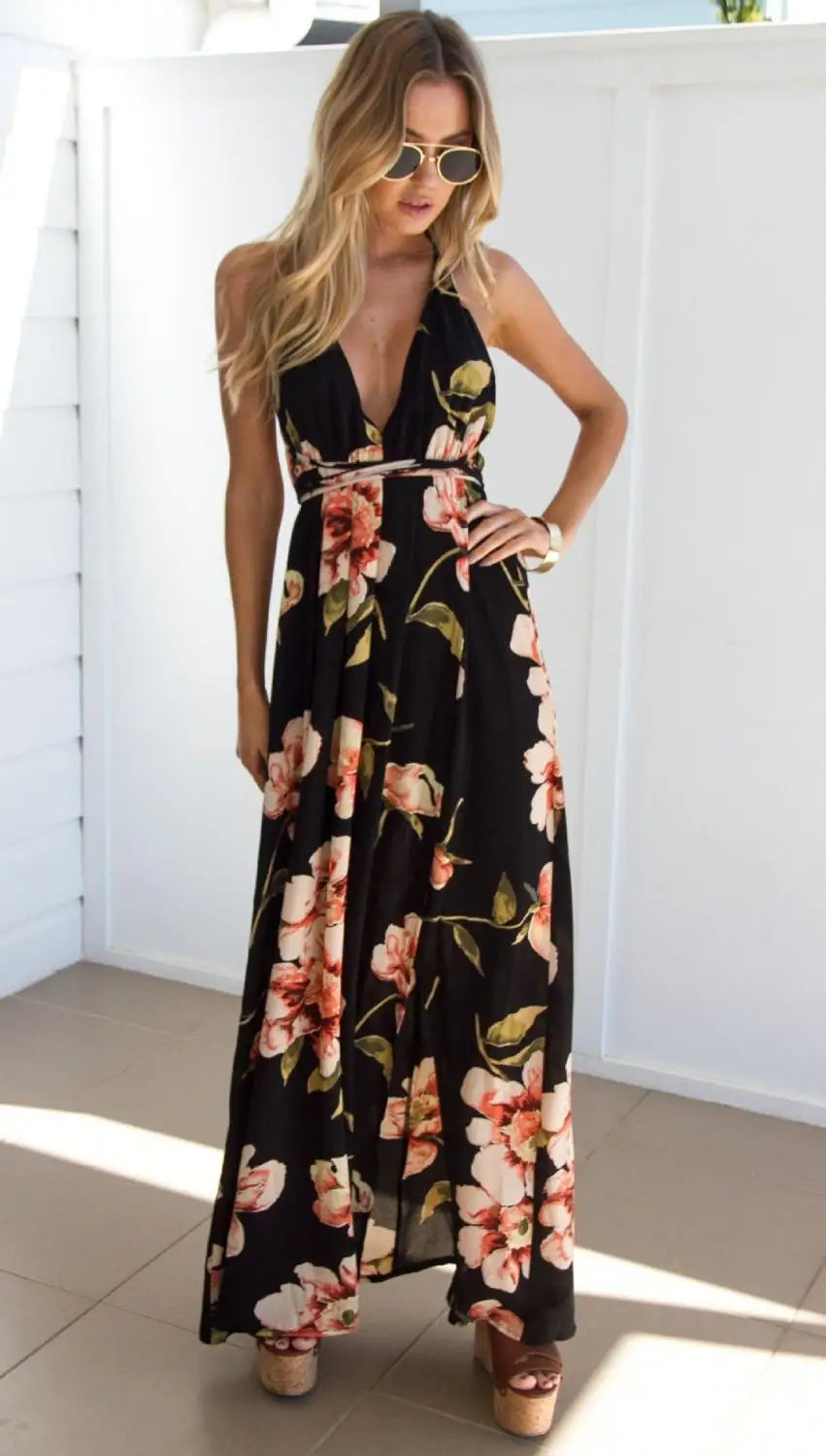 Summer Floral Sexy Pleated Backless Robe Evenning- Midi Dresses Stylish Tiered Midi Dress