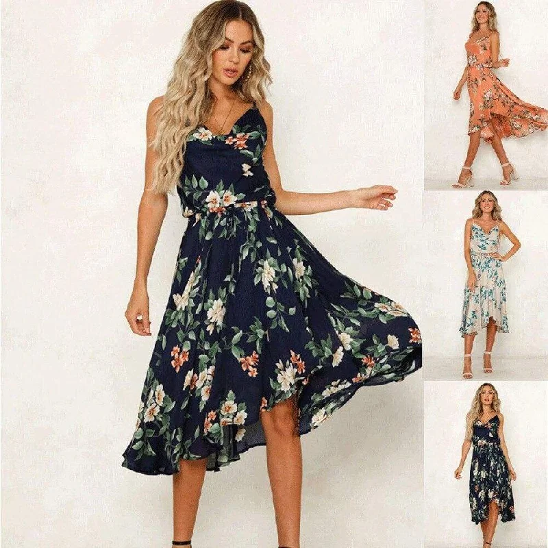 FashionSierra - Summer Women Boho Sleeveless Loose Midi Dress Fashion Floral Evening Party Beach Dress Holiday Beach Sundress Comfortable Empire Waist Midi Dress