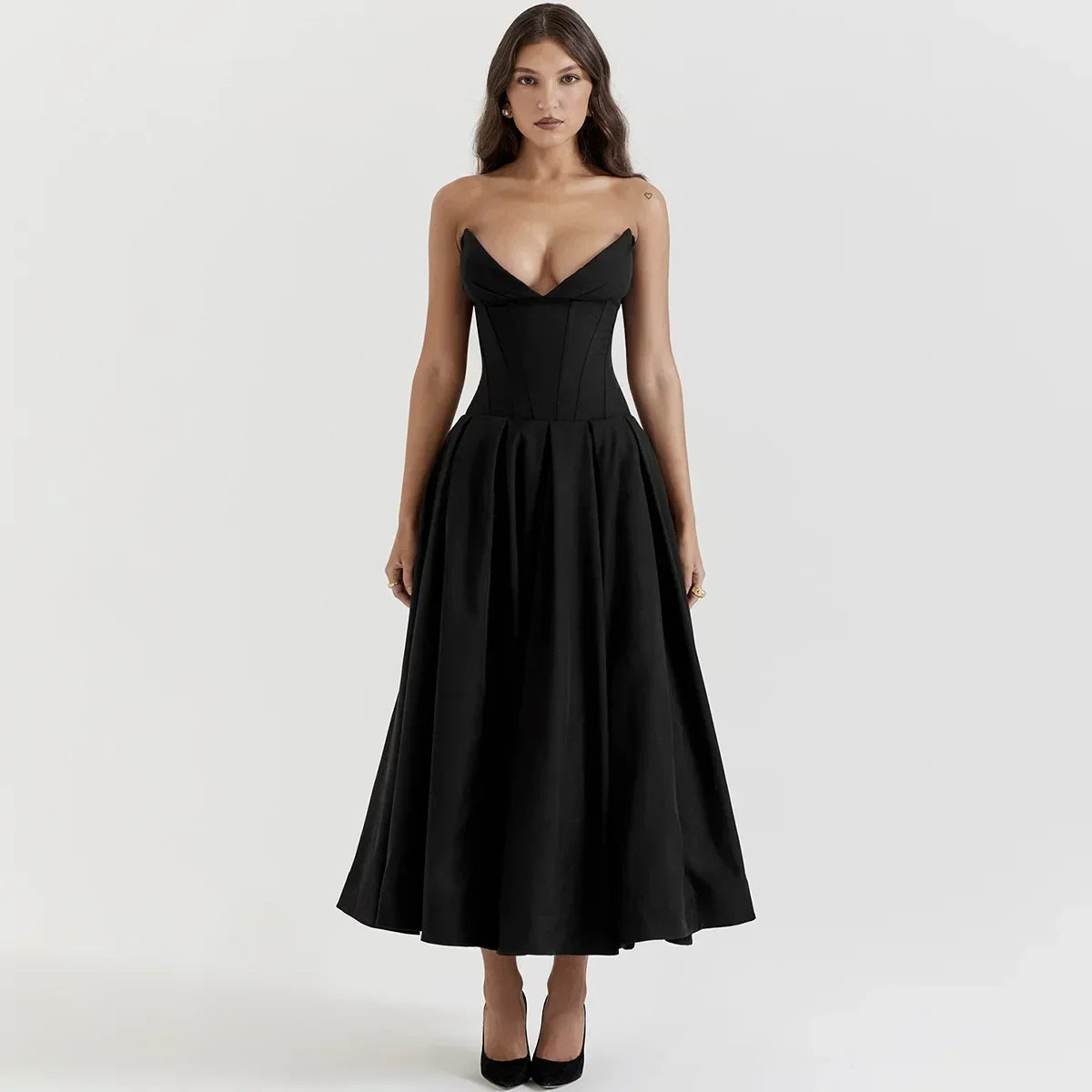 Suninheart Black Elegant Sexy Strapless Corset Midi Dresses Fashionable Skater Midi Dress