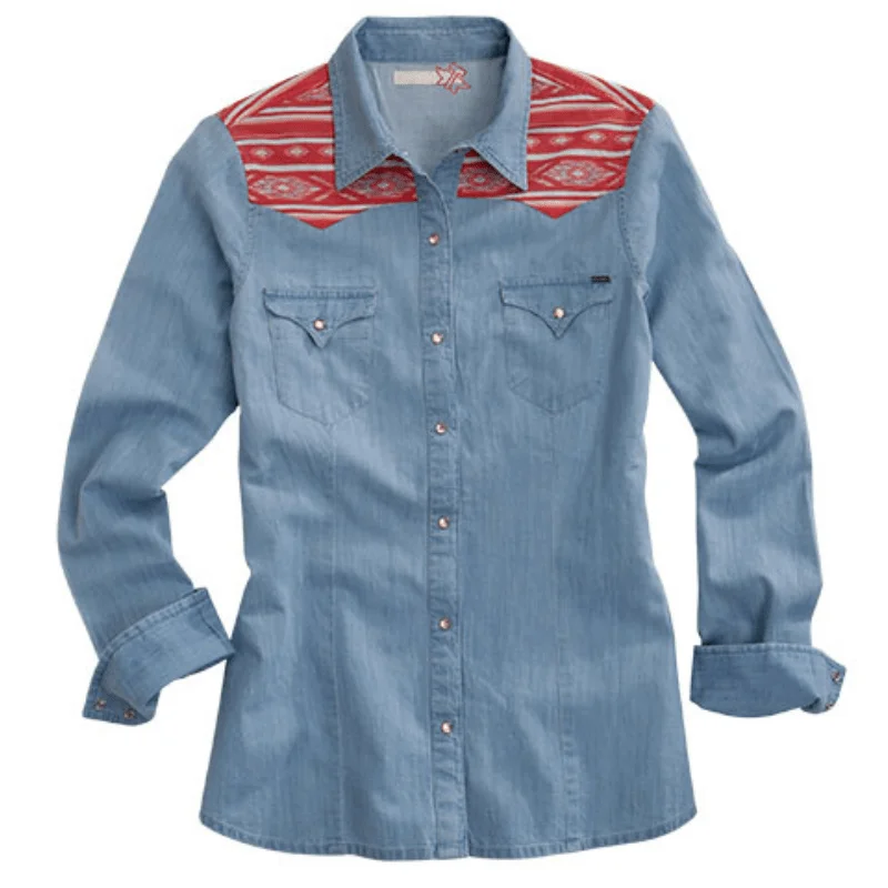 Tin Haul Women's Denim Aztec Print Long Sleeve Western Snap Shirt 10-050-0060-0605 BU Stylish Crew Neck Shirt Tin Haul Women's Denim Aztec Print Long Sleeve Western Snap Shirt 10-050-0060-0605 BU Stylish Crew Neck Shirt