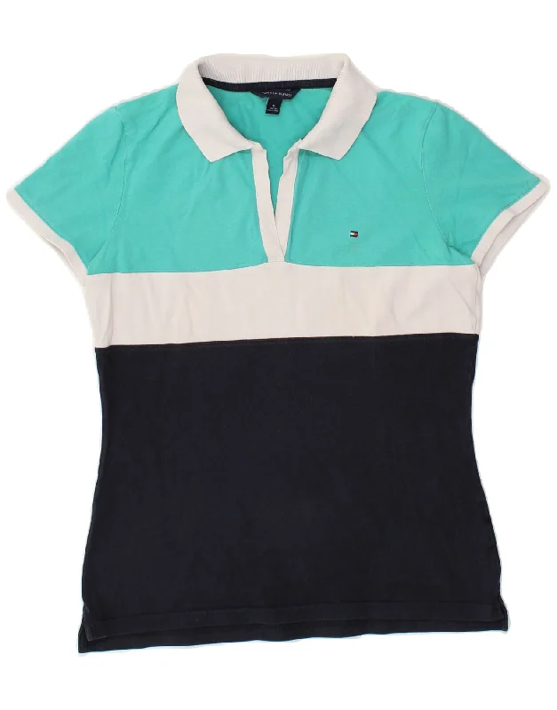 TOMMY HILFIGER Womens Polo Shirt UK 12 Medium Navy Blue Colourblock Cotton Trendy Tie-Front Short Shirt TOMMY HILFIGER Womens Polo Shirt UK 12 Medium Navy Blue Colourblock Cotton Trendy Tie-Front Short Shirt