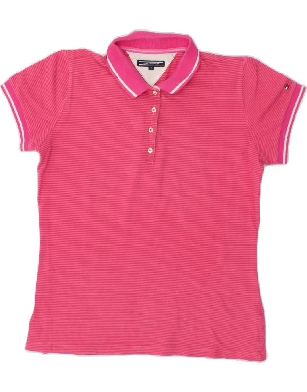 TOMMY HILFIGER Womens Polo Shirt UK 12 Medium Pink Striped Cotton Trendy Short Sleeve Blouse TOMMY HILFIGER Womens Polo Shirt UK 12 Medium Pink Striped Cotton Trendy Short Sleeve Blouse