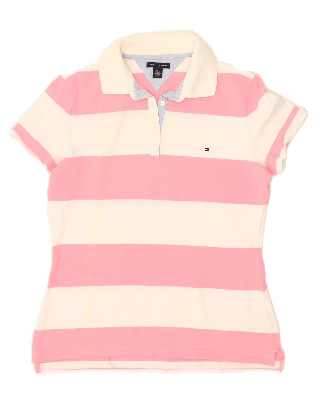 TOMMY HILFIGER Womens Polo Shirt UK 14 Large Pink Colourblock Cotton Fashionable Draped Short Sleeve TOMMY HILFIGER Womens Polo Shirt UK 14 Large Pink Colourblock Cotton Fashionable Draped Short Sleeve