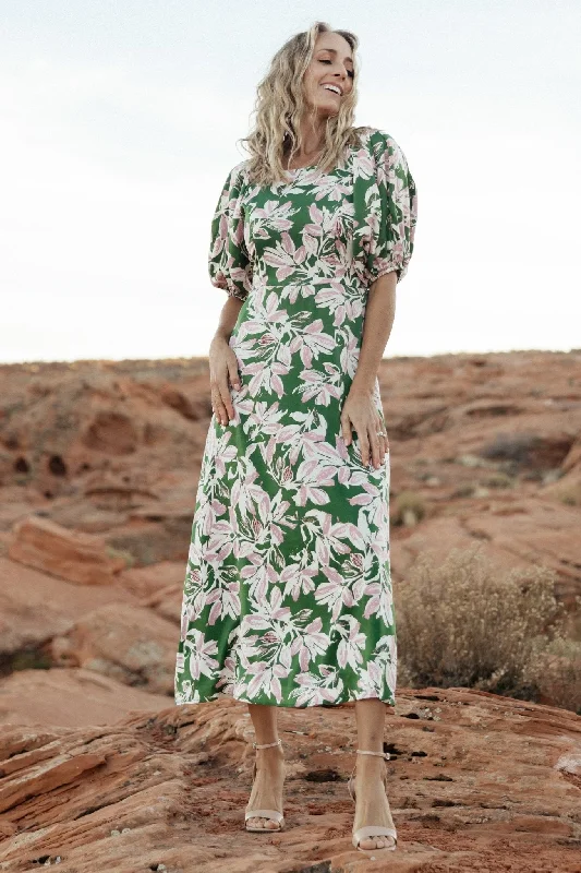 Tucson Midi Dress | Green + Pink Elegant Puff Sleeve Midi Dress