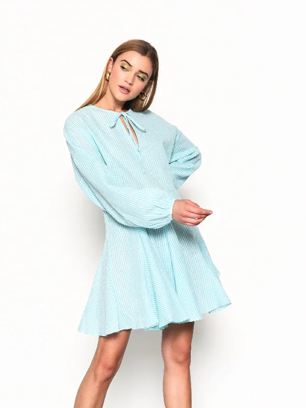 Glamorous Turquoise Gingham Long Sleeve Mini Dress Casual High-Waist Mini Dress