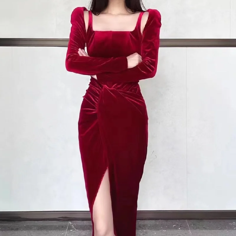 KittenAlarm - Vanessa Corset Front Slit Midi Dress Elegant V-Neck Midi Dress