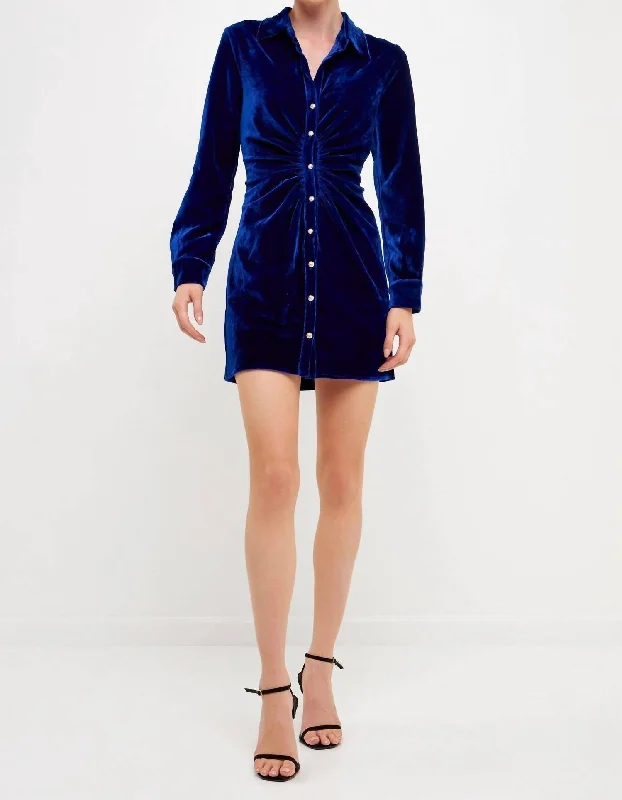 Velvet Mini Dress In Cobalt Blue Fashionable Mini Dress with Slits