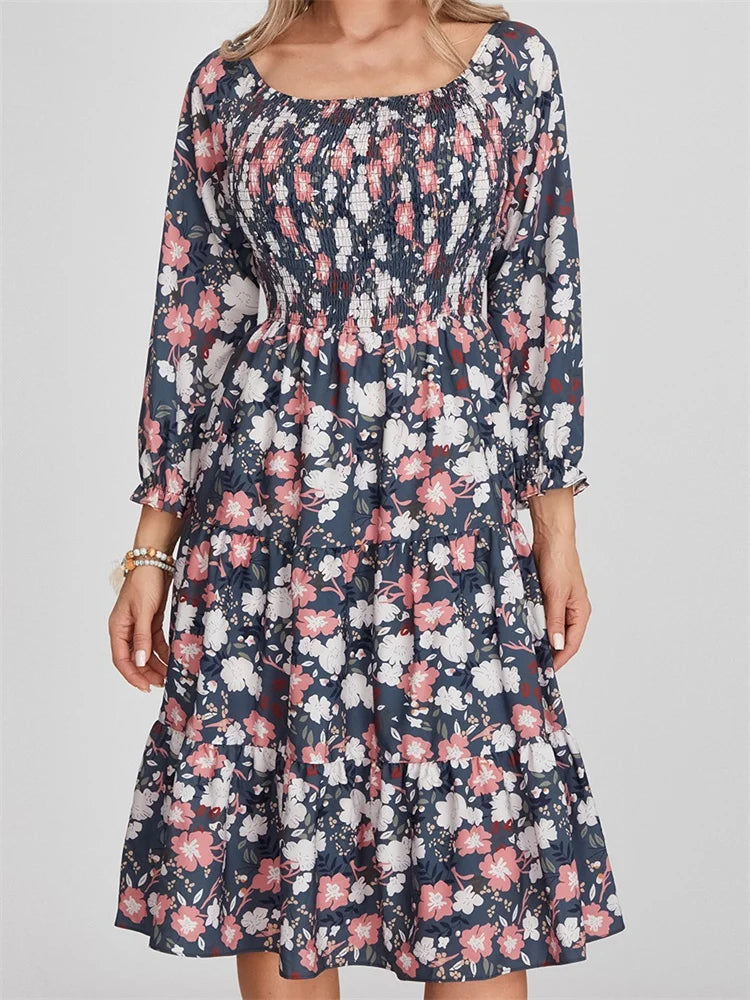 Vintage Bohemian Floral Print Long Sleeve High Waist A-Line Midi Dress Trendy Floral Wrap Midi Dress