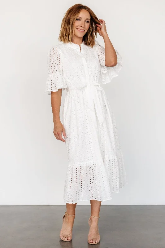 Virginia Eyelet Midi Dress | Off White Stylish High-Waisted Midi Dress