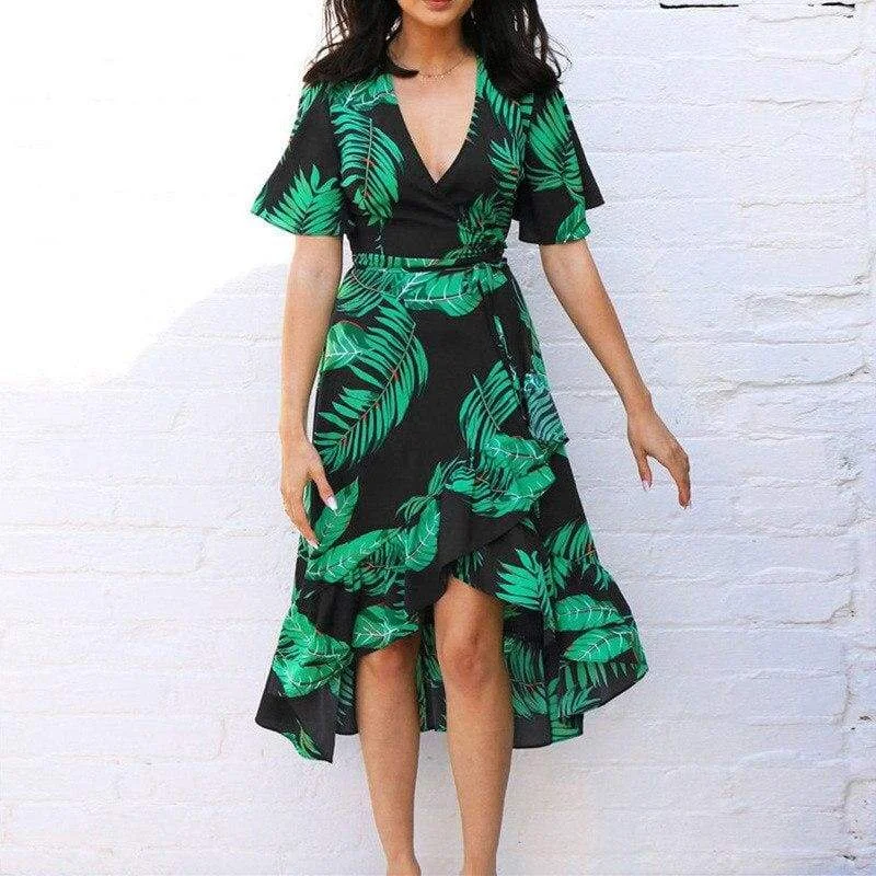 FashionSierra - Women Boho Floral Ruffled Midi Dress Fashion Ladies Summer Beach Holiday Party Spilt Dress Sundress Fashionable Fitted Midi Dress