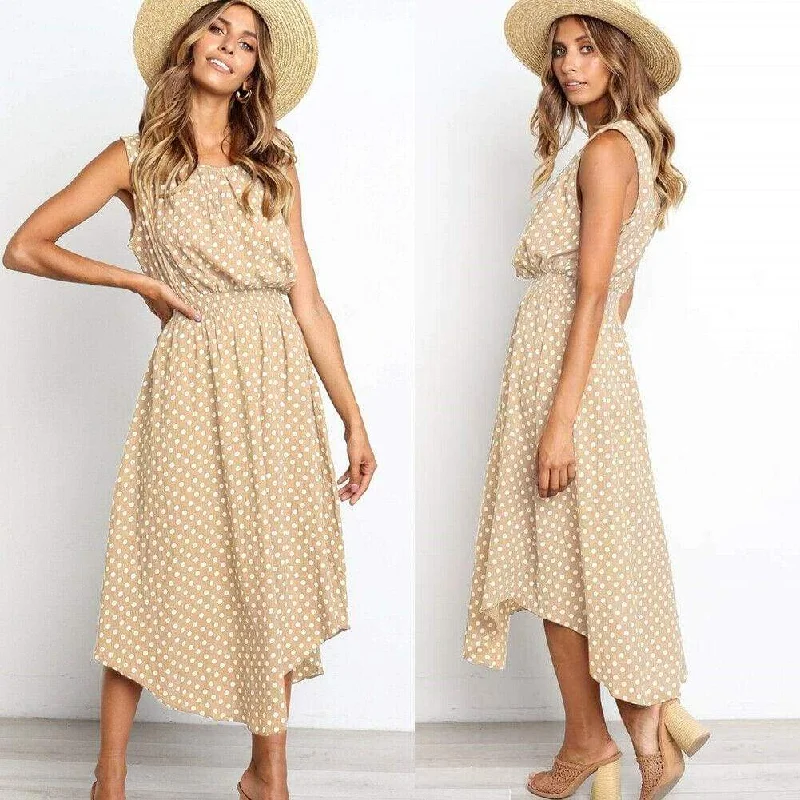 FashionSierra - Women Boho Sleeveless Midi Dress Polka Dot Fashion Summer Party High Waist O-Neck Holiday Beach Dress Sundress Trendy Fit-and-Flare Midi Dress