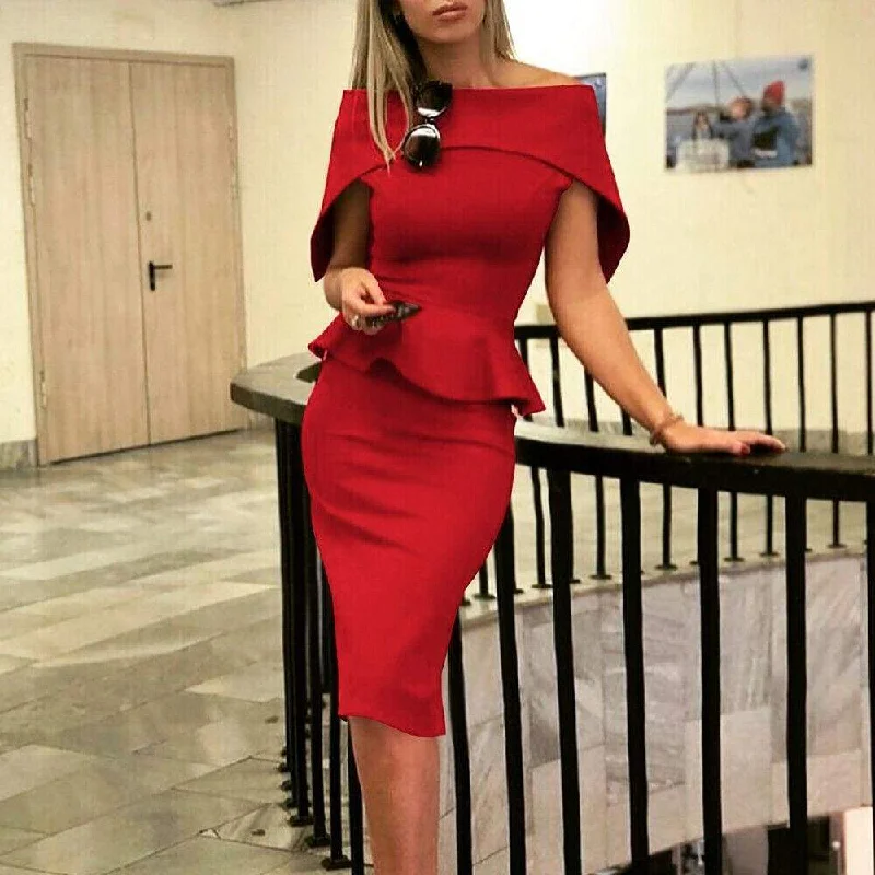 FashionSierra - Women Elegant Summer Off Shoulder Ruffle Midi Dress Formal Work Office OL Ladies Bodycon Slim Pencil Dress Chic Off-Shoulder Midi Dress