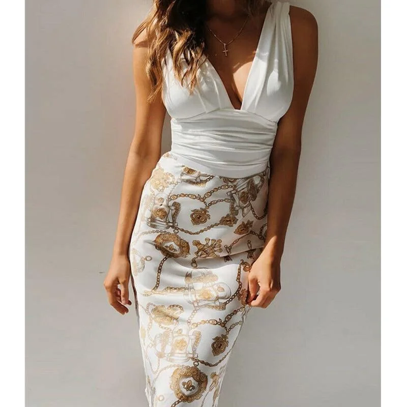 FashionSierra - Women's Sexy Deep V Neck Ruched Floral Patch Midi Dress 2019 Fashion Ladies Sleeveless Bodycon Evening Party Pencil Dress Trendy Smocked Waist Midi Dress