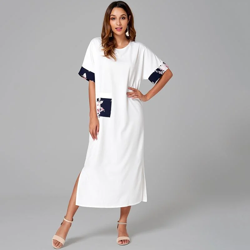 FashionSierra - Women Shift Dress Casual Solid Color Split Patchwork Pockrt O Neck Short Sleeve Midi Dress Loose Dress Women Summer Stylish Color Block Midi Dress