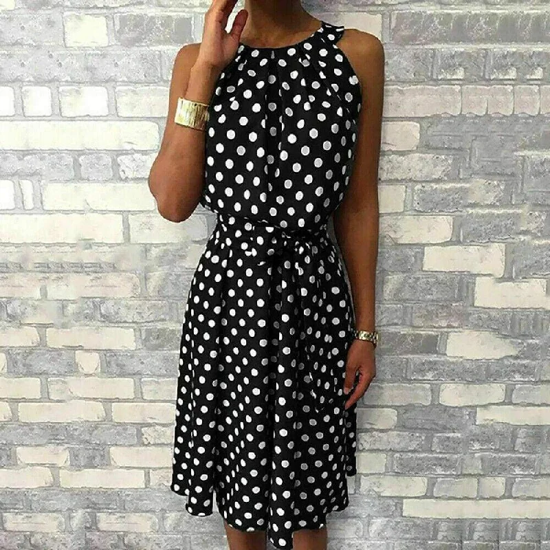 FashionSierra - Women Sleeveless Polka Dot Midi Dress 2019 Fashion Ladies Summer Beach Casual Bandage Belt Dress Sundress Trendy Ruffle Hem Midi Dress