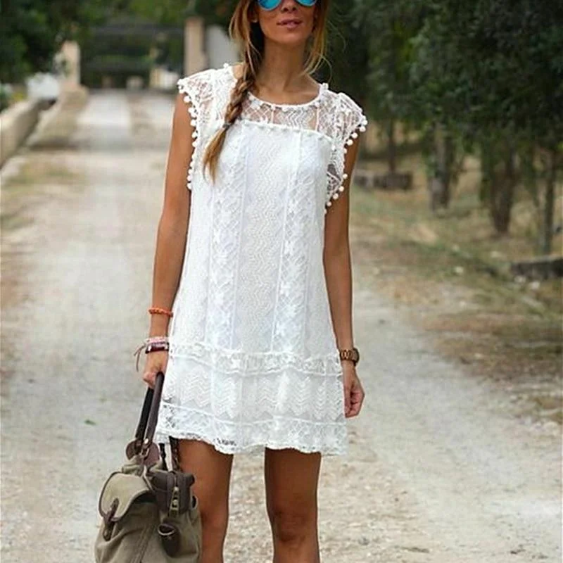 FashionSierra - Women Summer Short Mini Dress Lace Chiffon Dress Cozy Long Sleeve Mini Dress