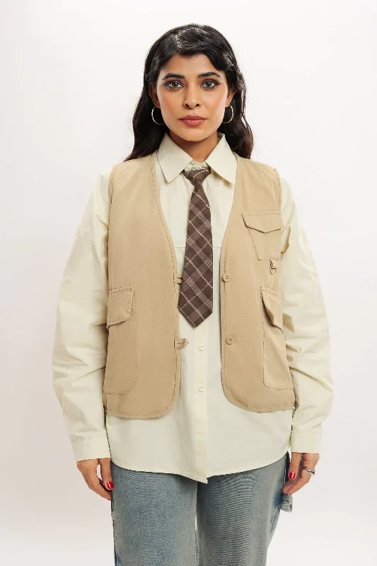 Brown Vested Shirt With Tie Fashionable Short Sleeve Vest