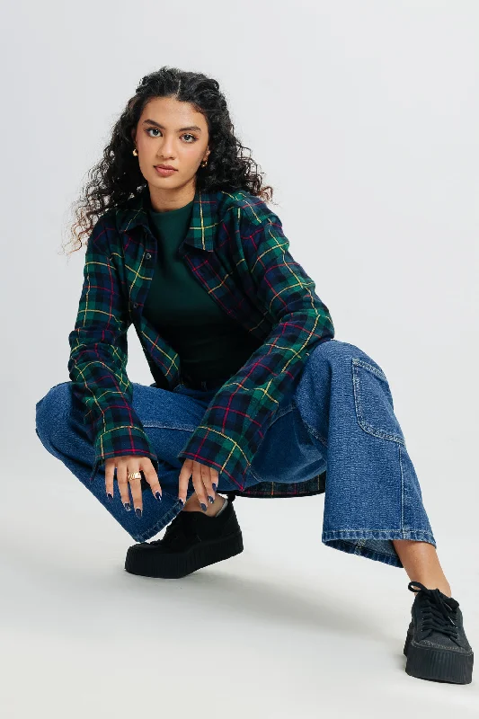 Dark Green Plaid Shirt Casual Loose Short Sleeve