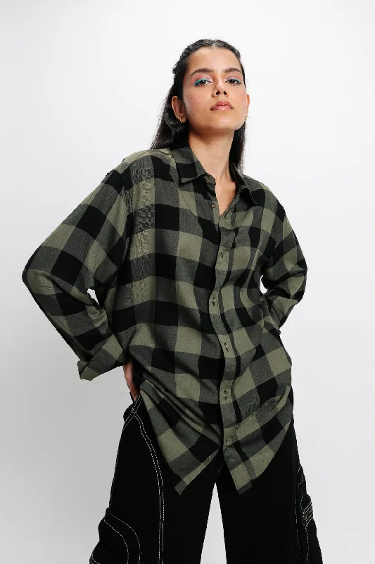 Olive Green Checkered Viscose Blend Shirt Chic Embellished Short Sleeve