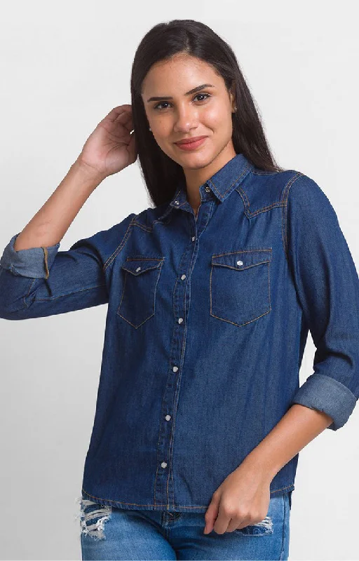 Spykar Mid Blue Cotton Full Sleeve Denim Shirts For Women Elegant Off-Shoulder Short Shirt