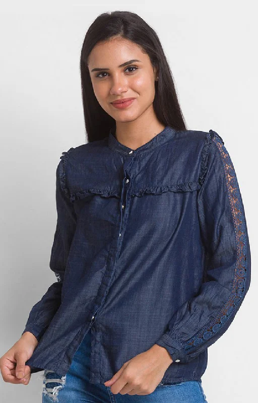 Spykar Mid Blue Cotton Full Sleeve Denim Shirts For Women Chic Silk Short Sleeve Shirt