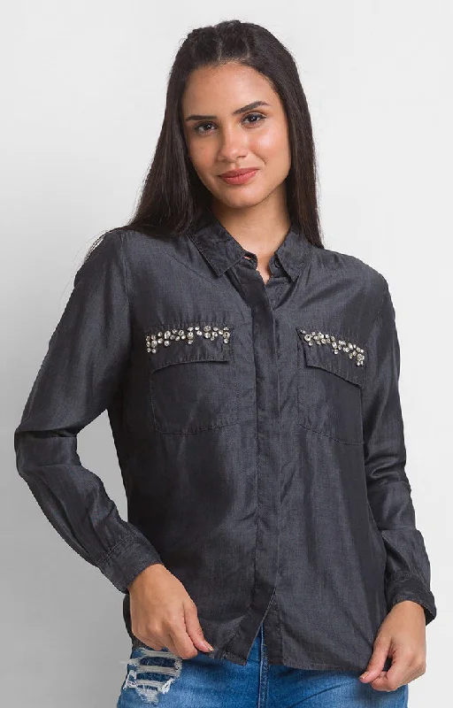 Spykar Black Poly Satin Full Sleeve Denim Shirts For Women Cozy Loose Fit Short Sleeve