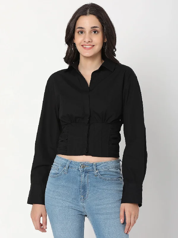 Spykar Black Cotton Full Sleeve Plain Shirts For Women Fashionable Sheer Short Shirt