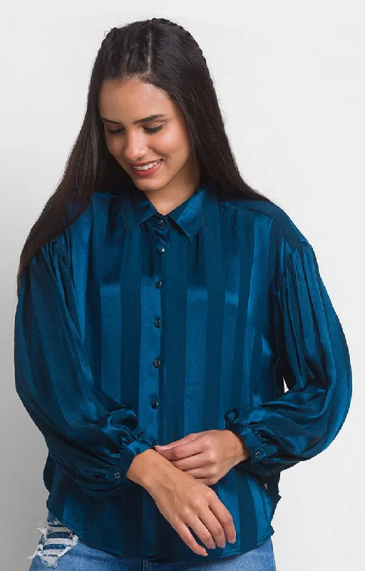 Spykar Teal Polyester Full Sleeve Stripes Shirt For Women Elegant Longline Short Shirt