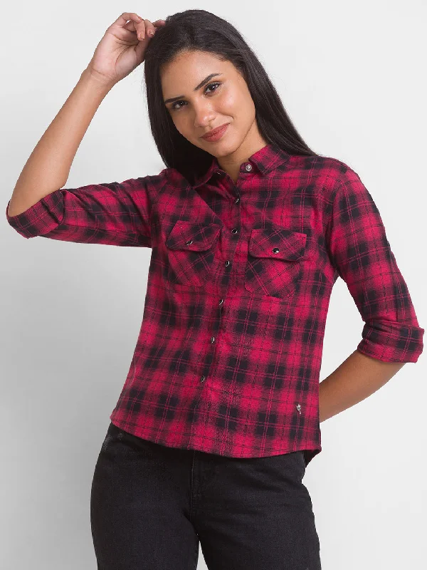 Spykar Red Cotton Full Sleeve Checks Shirts For Women Casual Oversized Short Shirt