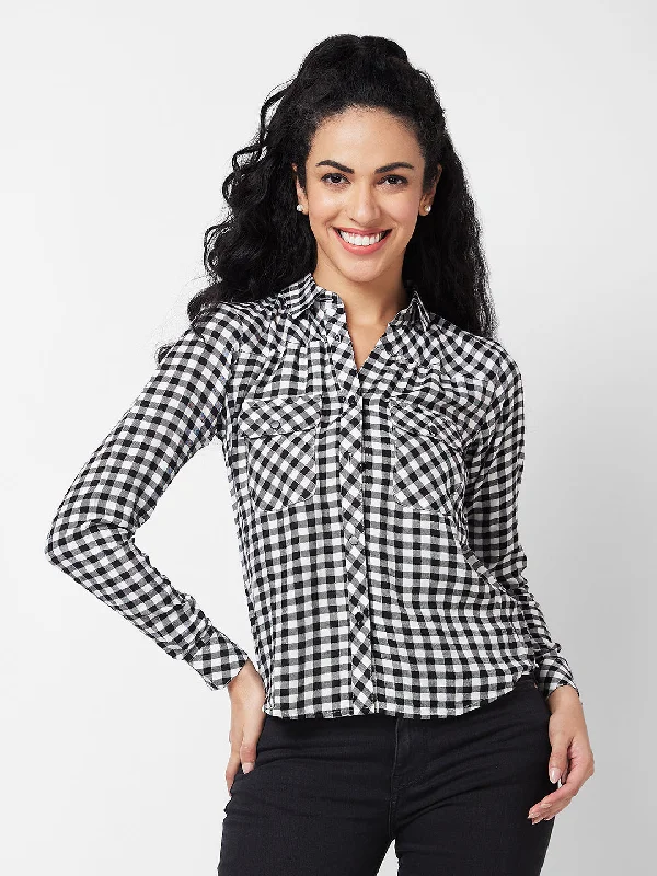 Spykar Black/White Checks Shirt For Women Elegant Lace Short Sleeve