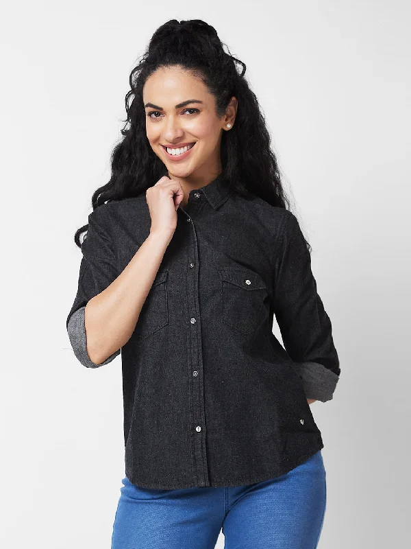 Spykar Black Indigo Shirt For Women Classic Basic Short Shirt