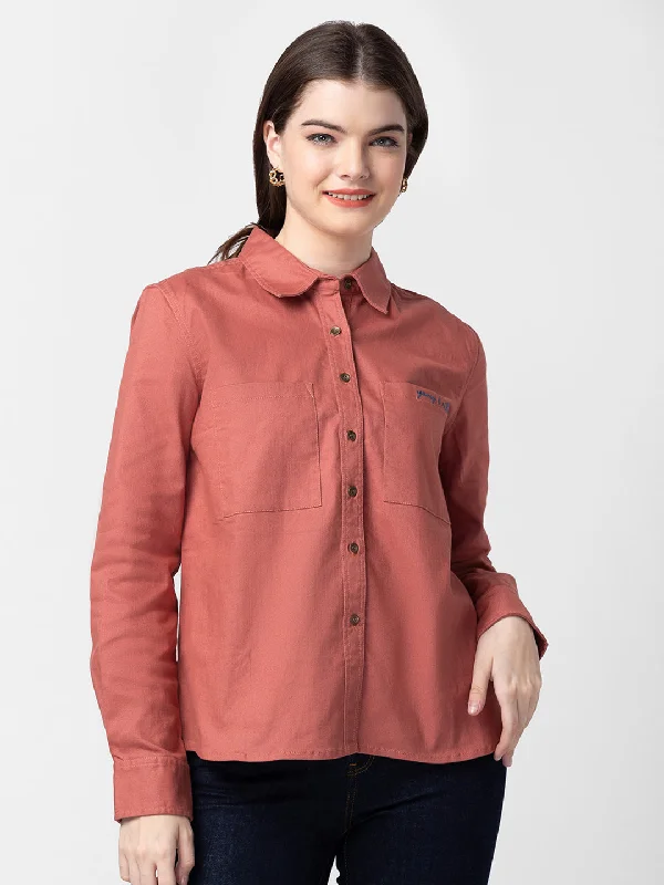 Spykar Women Brick Red Cotton Slim Fit Plain Shirts Trendy Short Sleeve Blouse