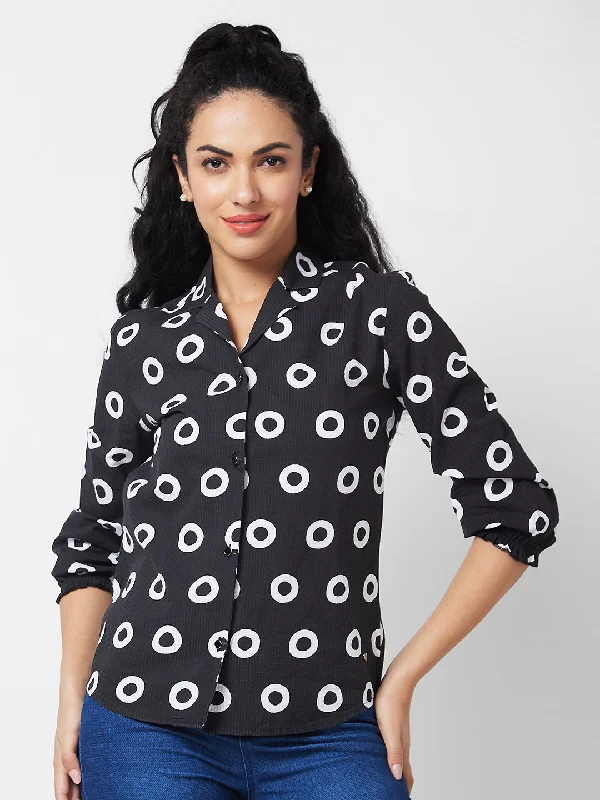 Spykar Black Printed Shirt For Women Trendy Print Short Sleeve