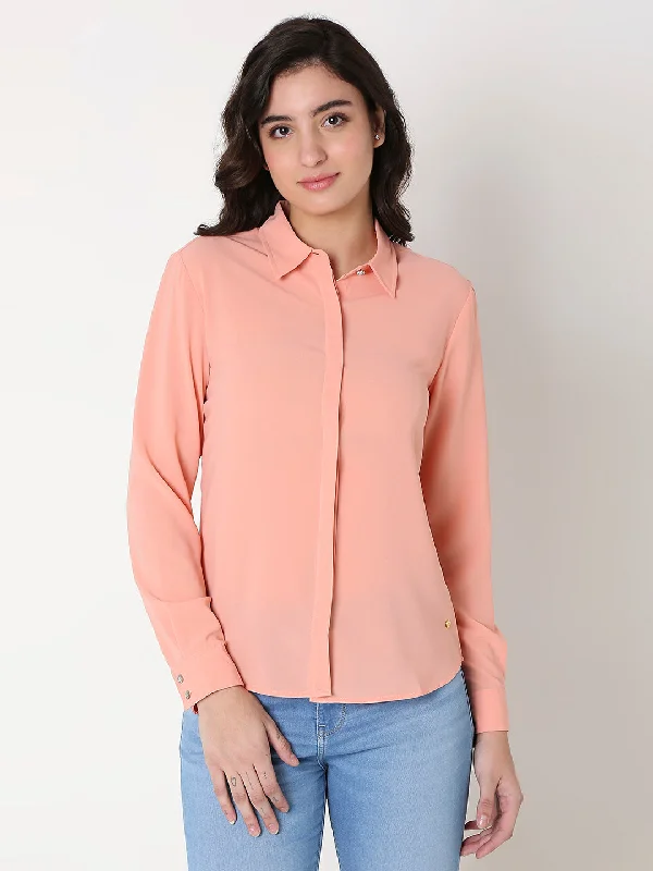 Spykar Women Coral Long Sleeves Shirt Classic Short Sleeve Blouse