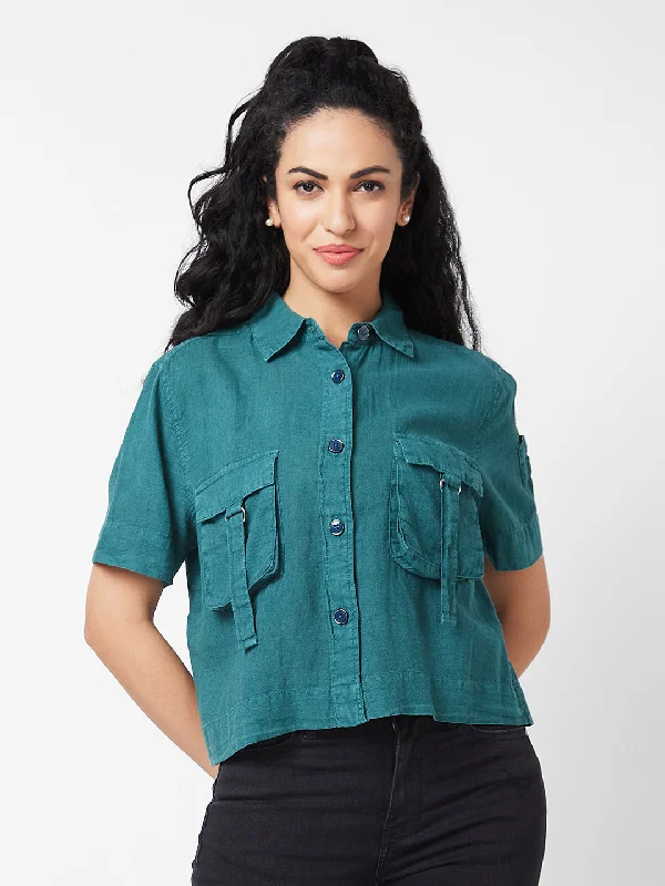 Spykar Blue Solid Shirt For Women Stylish Pleated Short Sleeve