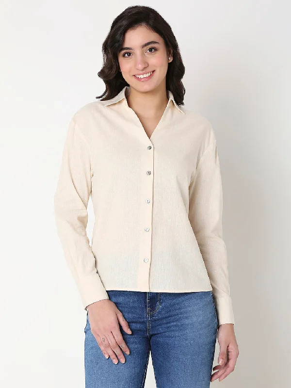 Spykar Women Beige Full Sleeves V-Neck Shirt Comfortable Ribbed Short Sleeve