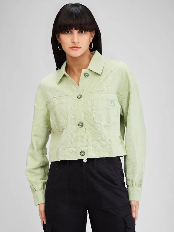 Spykar Green Boxy Fit Solid Full Sleeves Shirt For Women Comfortable Ribbed Short Sleeve