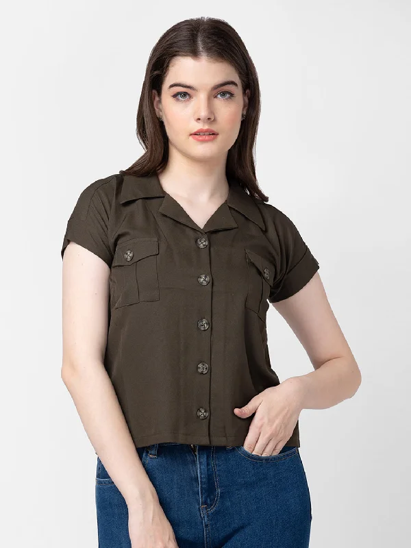 Spykar Women Olive Cotton Slim Fit Half Sleeve Plain Shirts Casual Cotton Short Shirt