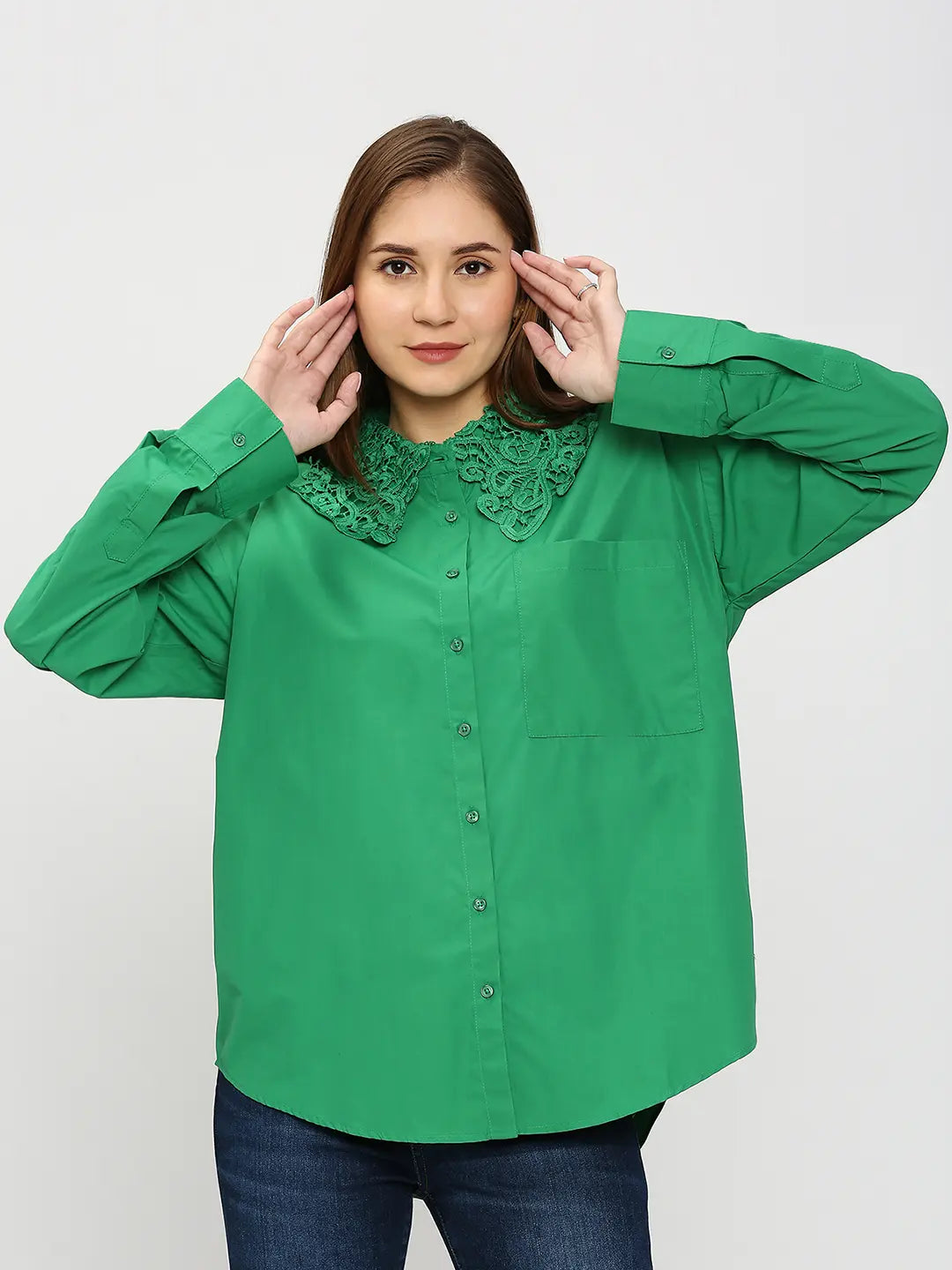 Spykar Women Green Regular Fit Cotton Plain Loose Shirts Relaxed Fit Short Blouse