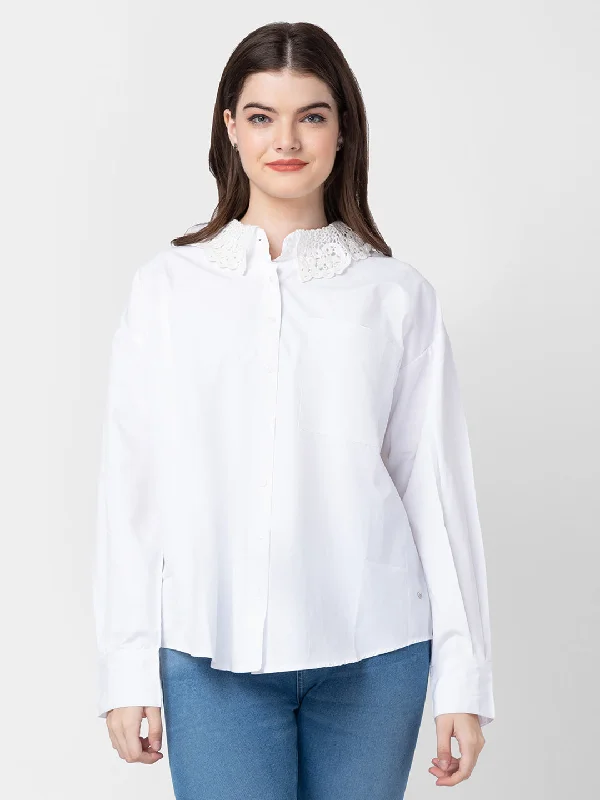 Spykar Women White Cotton Regular Fit Plain Shirts Classic Cropped Short Sleeve