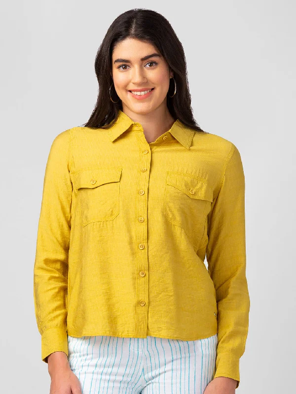 Spykar Women Mustard Polyester Regular Fit Plain Shirts Fashionable Rounded Short Shirt