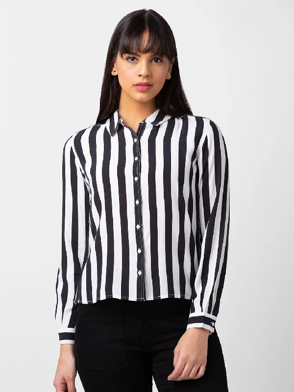 Spykar Women Black Reyon Regular Fit Striped Shirts Fashionable Draped Short Sleeve